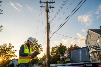 Licensed engineer reviewing pole loading calculations at utility pole with structural model on laptop
