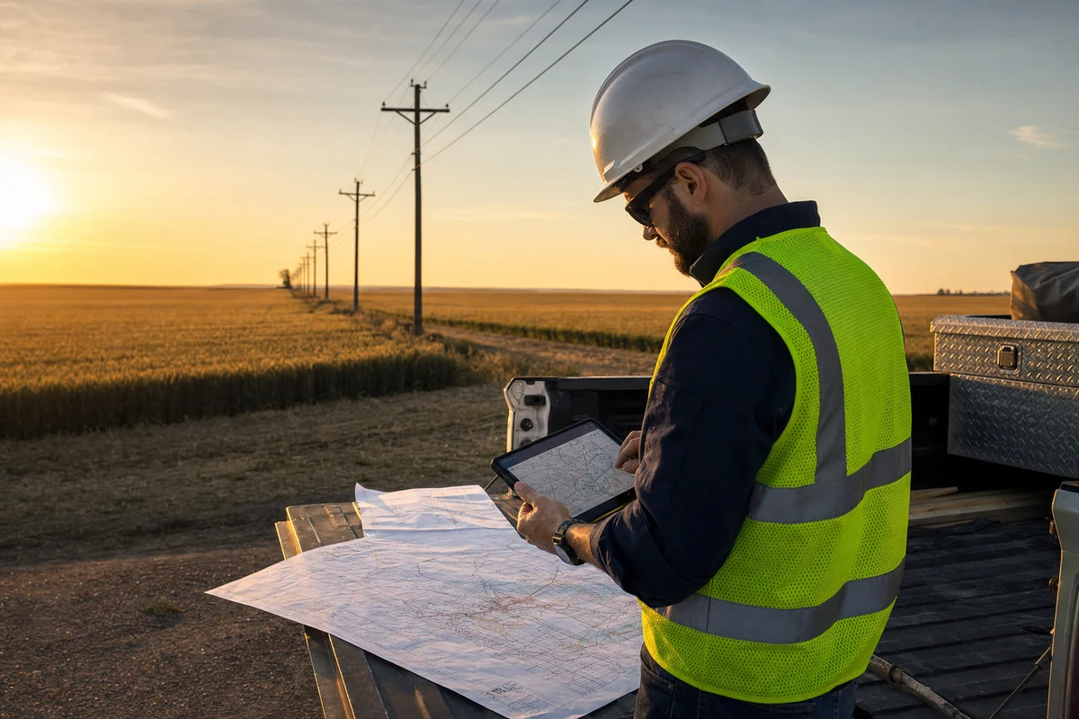 OSP engineer reviewing fiber network design maps at truck tailgate in rural cooperative territory