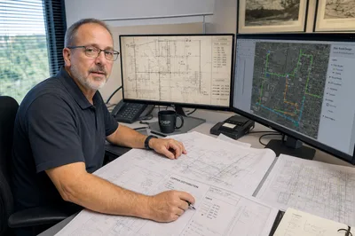 Senior OSP engineer reviewing copper outside plant records alongside fiber route design drawings on a dual-monitor workstation