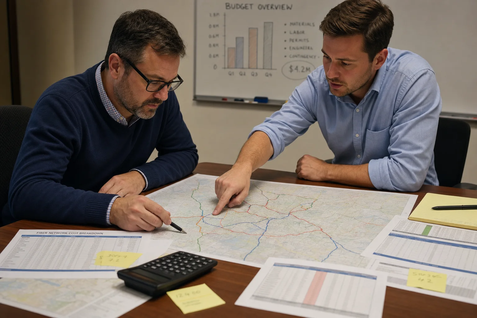 Two engineers reviewing fiber network cost breakdown and route map at conference table