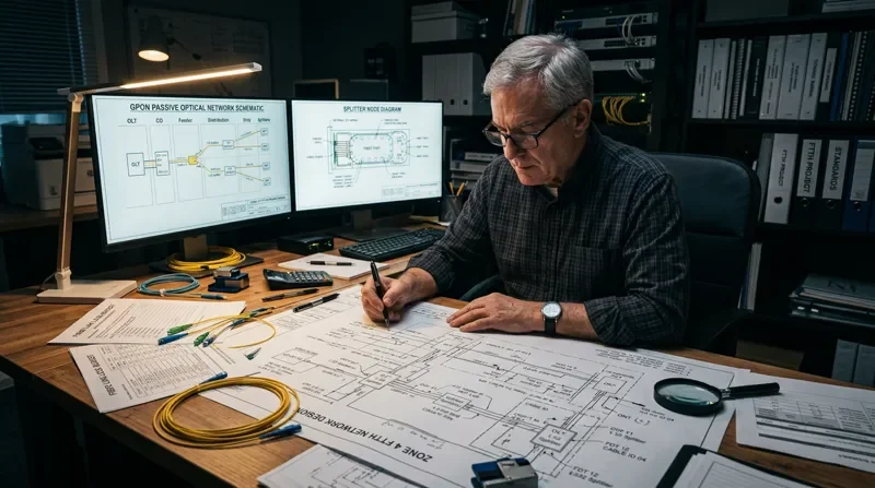 Senior fiber network engineer reviewing FTTH design drawings on large monitor with splitter diagrams and passive optical network schematics spread across a drafting table