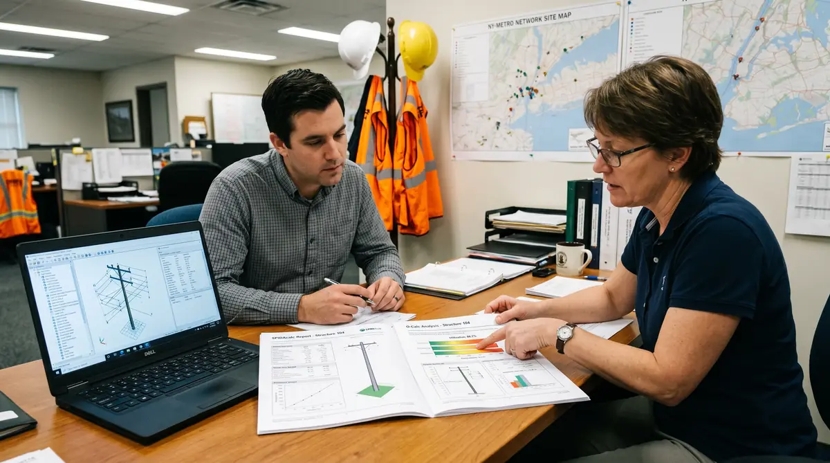 Project manager and structural engineer reviewing SPIDAcalc and O-Calc pole loading analysis reports side by side in engineering office