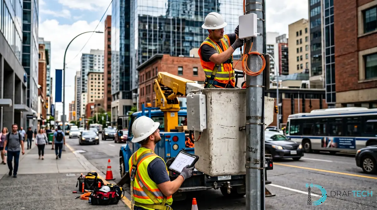 Telecom engineers installing small cell 5G fiber backhaul on urban streetlight pole with bucket truck