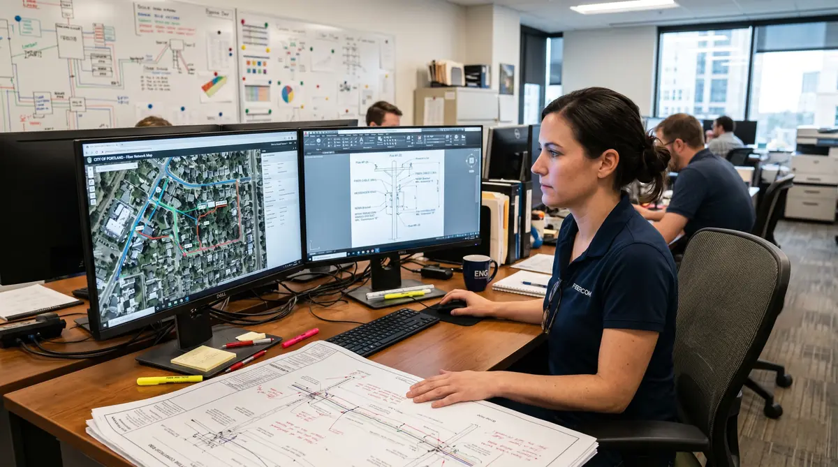Telecom engineer editing fiber network route drawings on dual monitors showing GIS map overlay and AutoCAD pole attachment details
