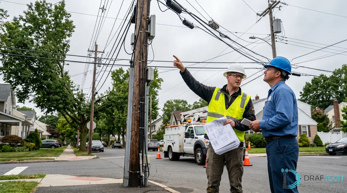 OSP engineer and utility company representative coordinating overhead wire conflicts at utility pole