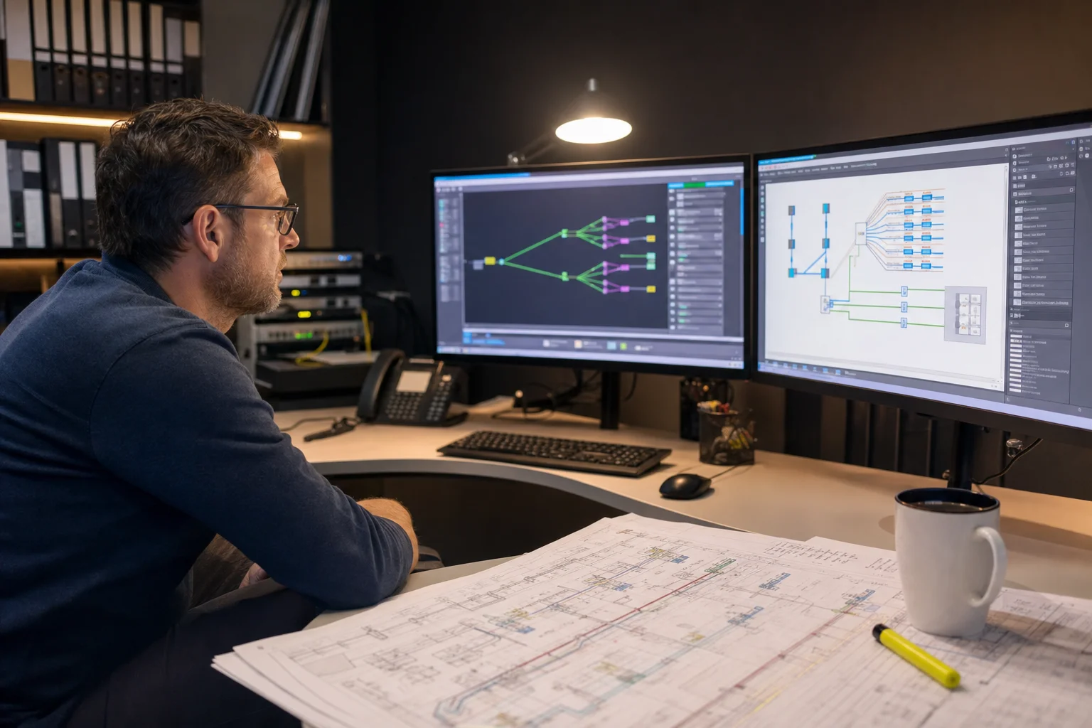 Engineer reviewing FTTH fiber network design with GPON splitter diagrams on dual monitors