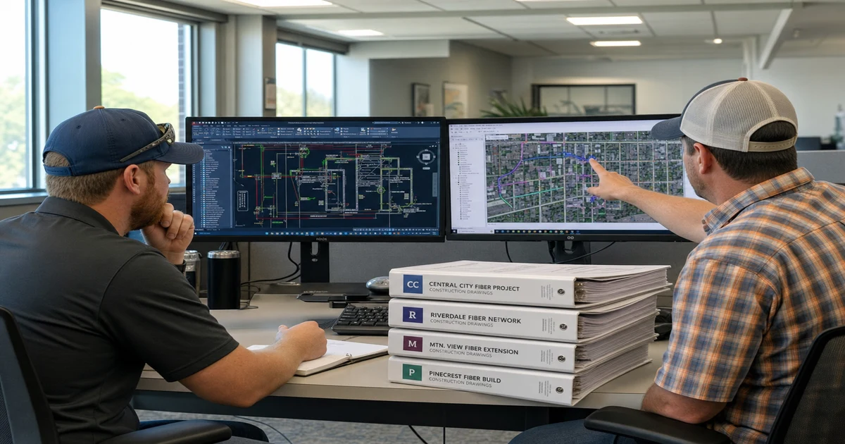 Two engineers reviewing fiber network CAD drawings and GIS route maps on dual monitors with project binders