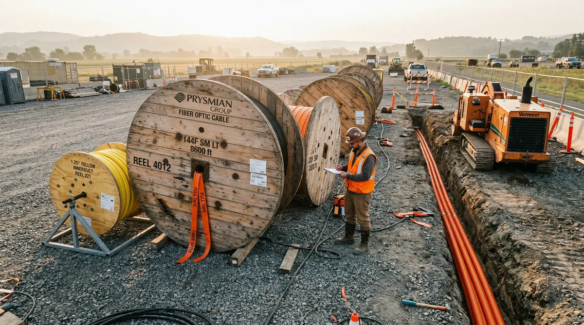 Fiber optic cable reel and installation crew during outside plant construction