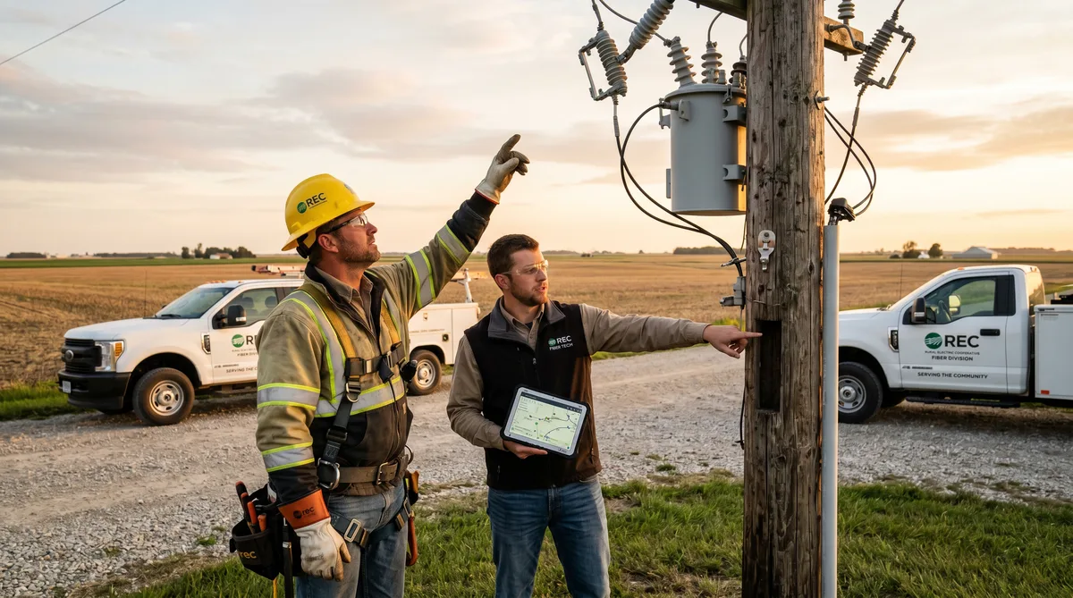 Electric cooperative lineman and fiber engineer planning fiber attachment on rural utility pole