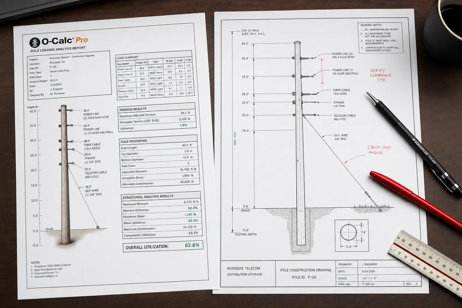 OSP engineering O-Calc pole loading analysis and construction drawings