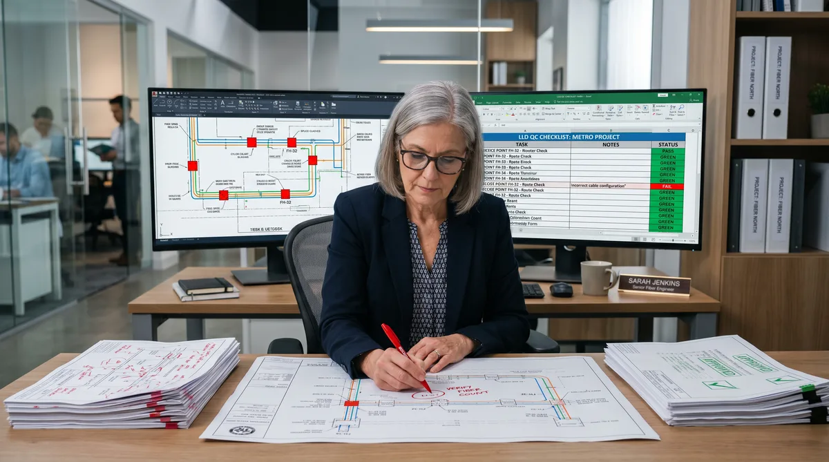 Senior fiber design engineer performing LLD quality control review with red pen markup on construction drawings