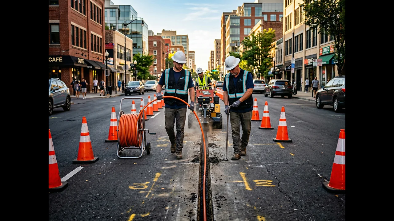 Draftech microtrenching crew installing underground fiber vs traditional trenching for underground fiber deployment