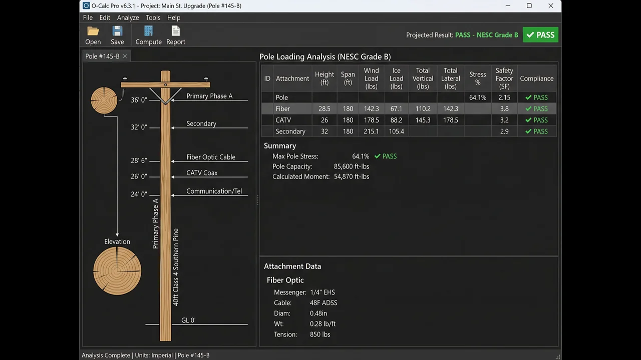 O-Calc Pro pole loading analysis software showing NESC Grade B calculations