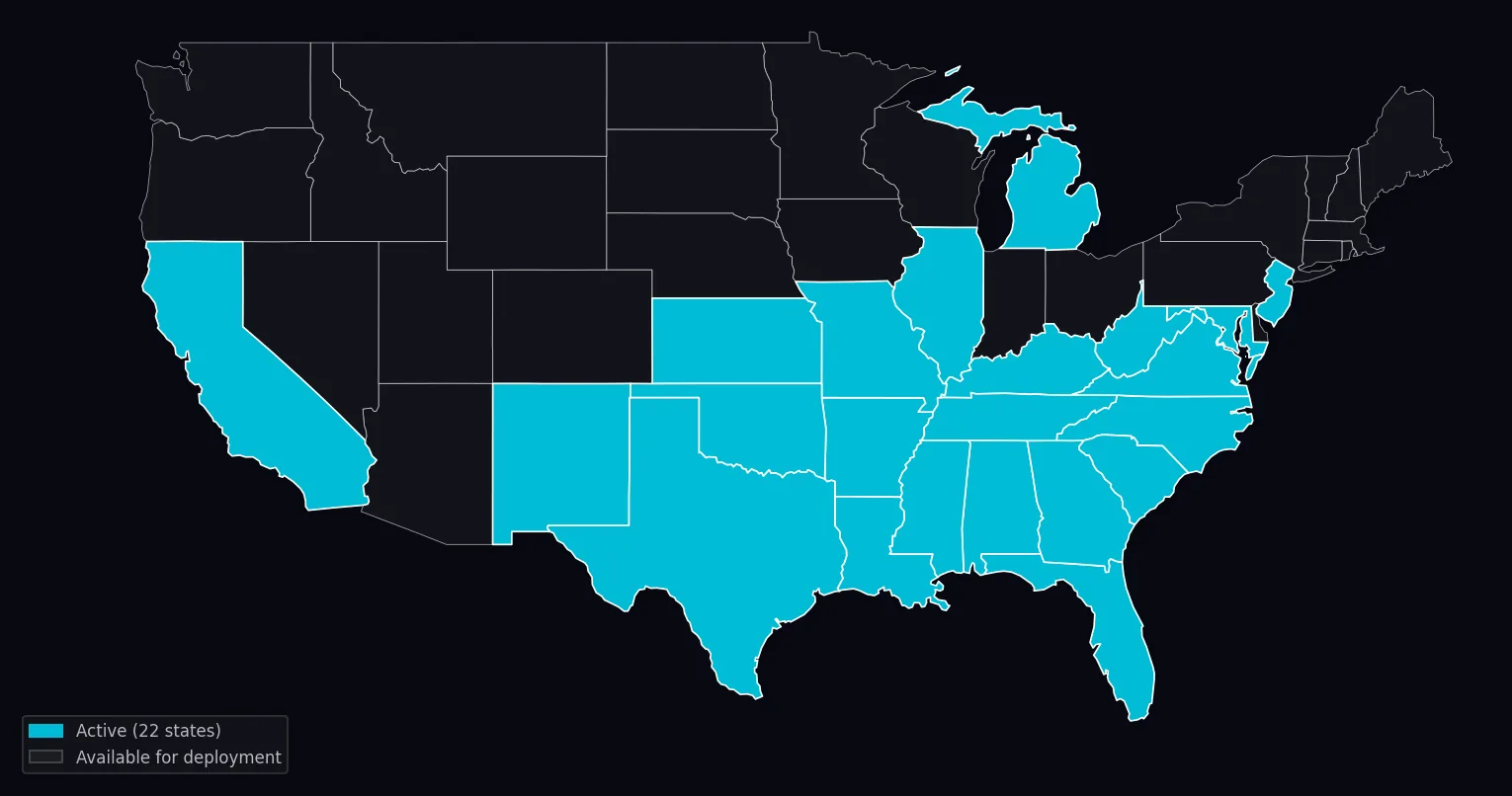 US map showing Draftech International active states: Alabama, Arkansas, California, Florida, Georgia, Illinois, Kansas, Kentucky, Louisiana, Maryland, Michigan, Mississippi, Missouri, New Jersey, New Mexico, North Carolina, Oklahoma, South Carolina, Tennessee, Texas, Virginia, West Virginia — available for deployment across all 50 U.S. states